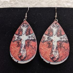 Light blue/white cross over brown Paisley teardrop earrings